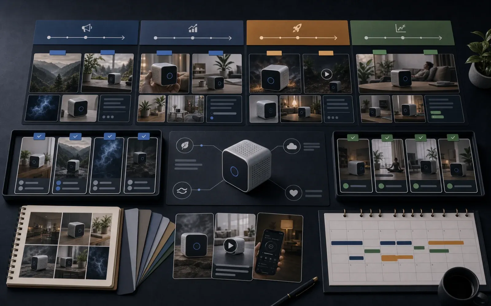 30-day ecommerce product launch content board with pre-launch, launch, and post-launch stages.