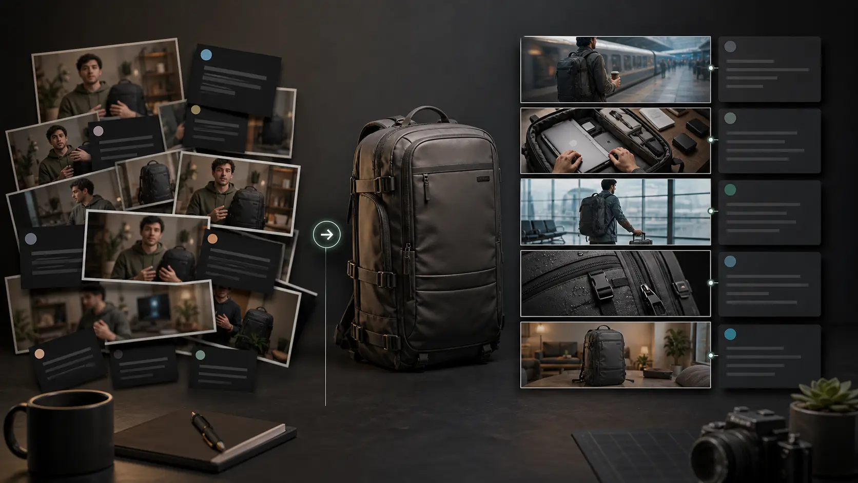 AI UGC ad hook and script framework for an ecommerce backpack product.
