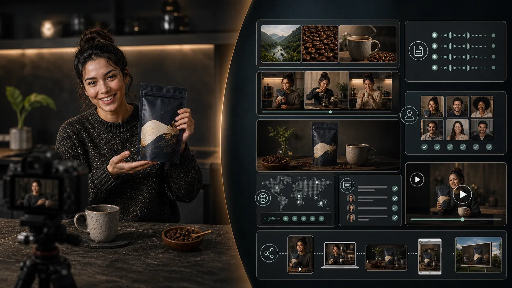 Realistic AI avatar video still with ecommerce product context and script planning cards.