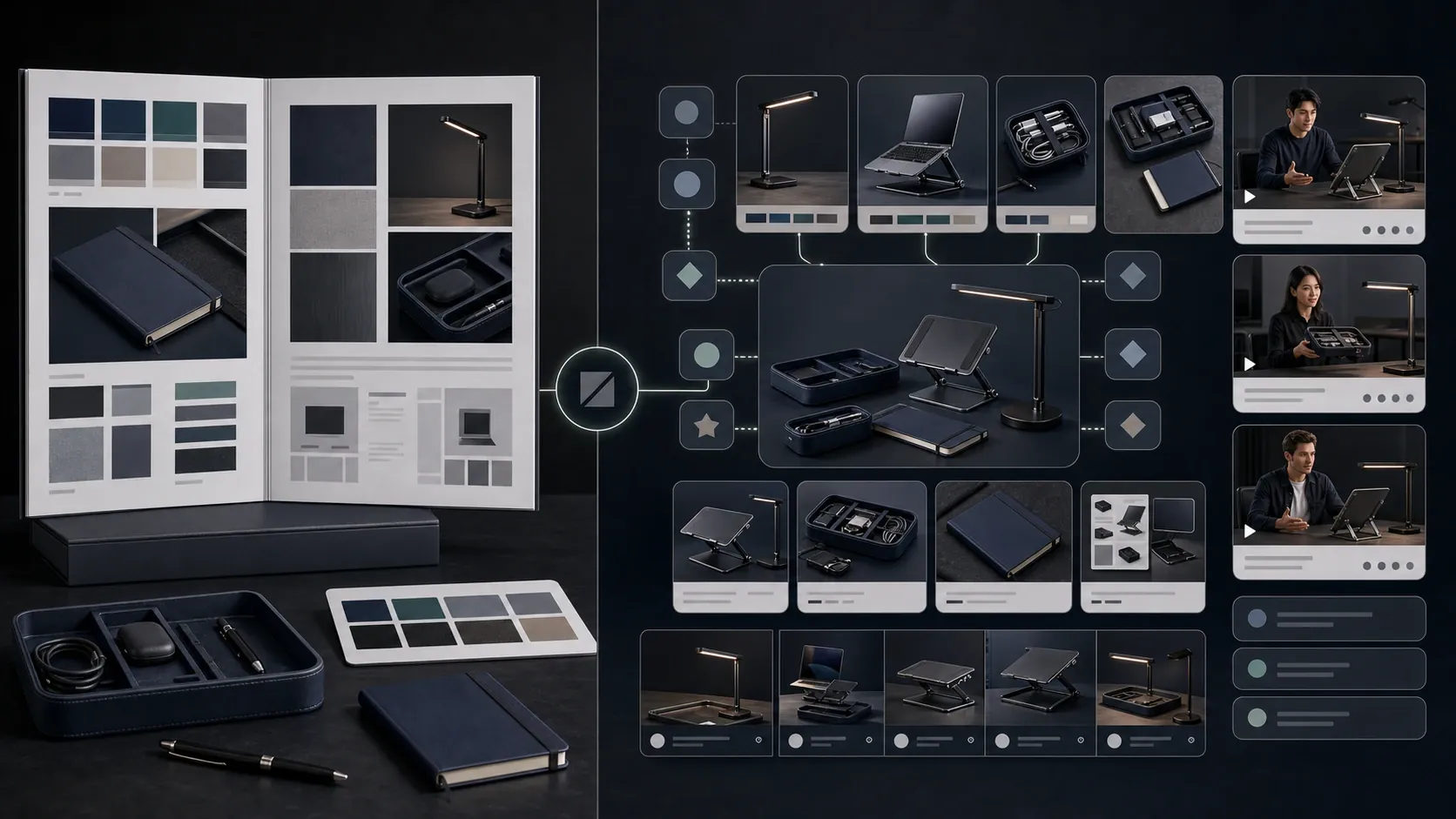 Brand DNA powering product shots, AI creator videos, marketplace images, A+ content, campaigns, and scripts.