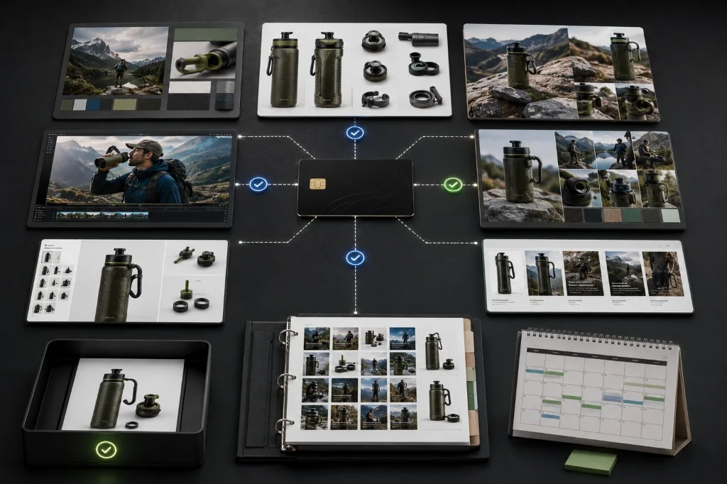 Credit-based commerce content workspace mapping Brand DNA and catalogs to multi-workflow cards.