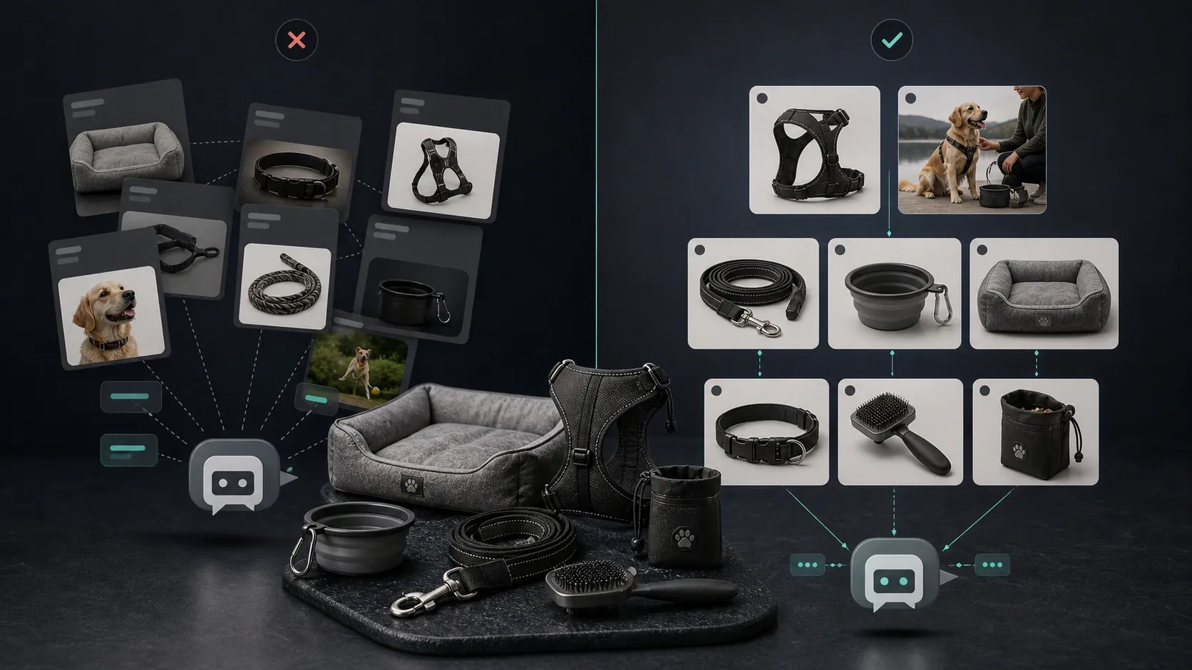 Generic AI content compared with product-aware AI content for pet accessories ecommerce marketing.