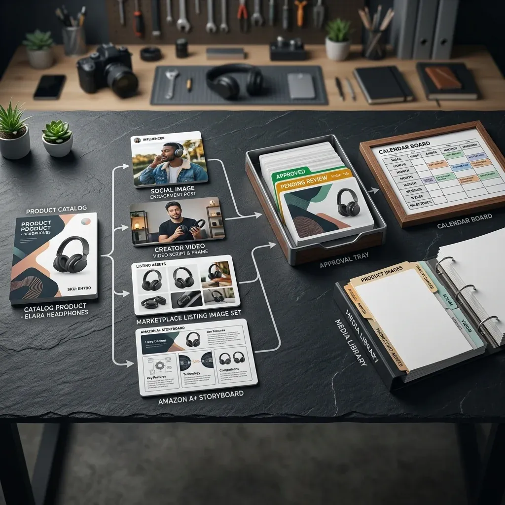 Review-ready Instagram product post cards with approval tabs, product samples, and calendar planning notes.