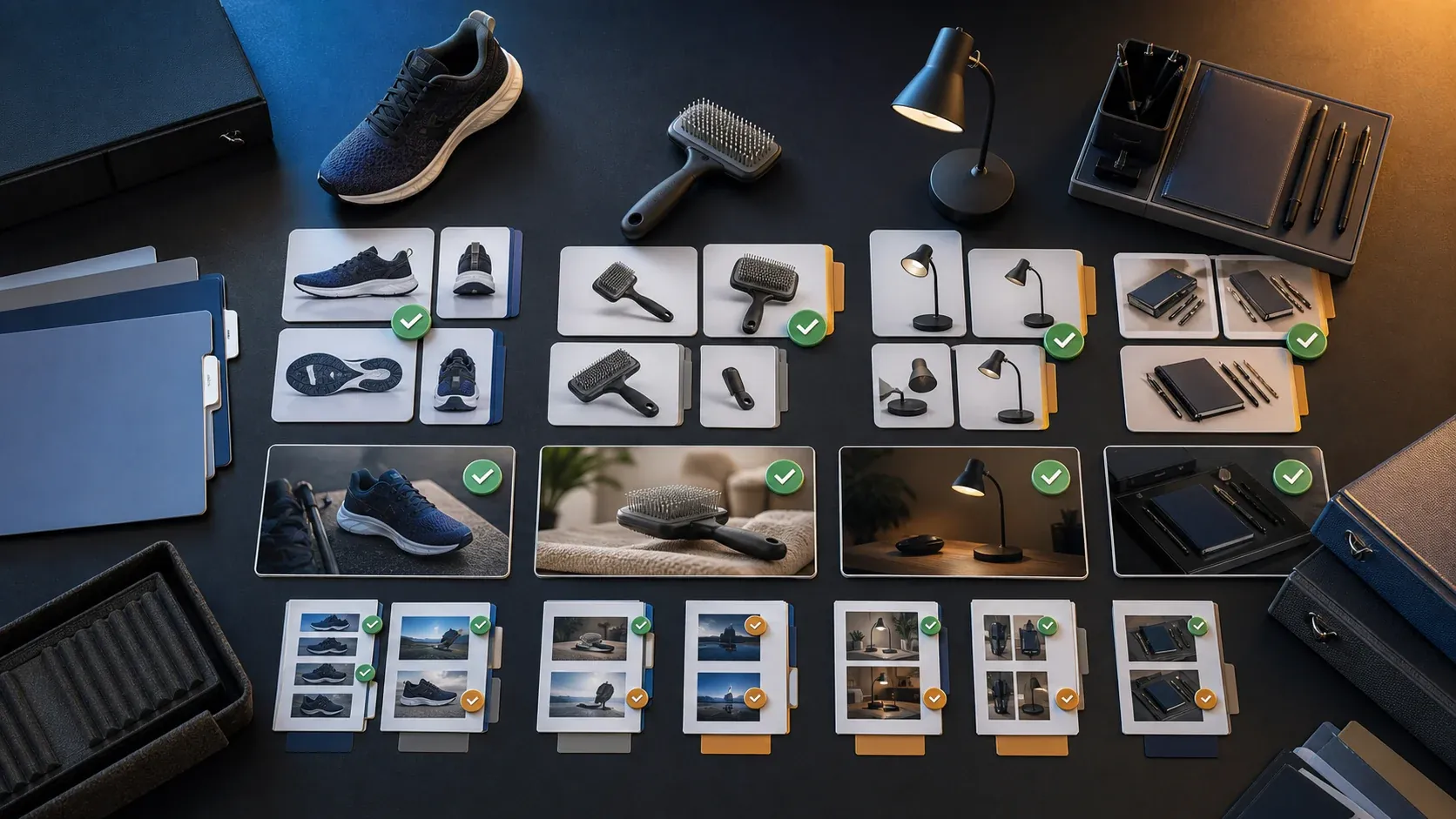 Agency workflow for managing multiple ecommerce brands with brand cards, product catalogs, approvals, and content outputs.