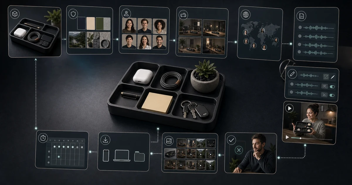 Photorealistic product-led multilingual AI creator video workflow with avatar previews and product context.