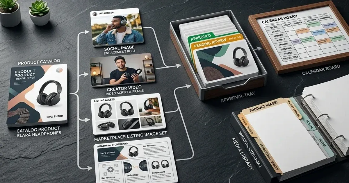 Photorealistic ecommerce product post review board showing one product turned into multiple social assets.
