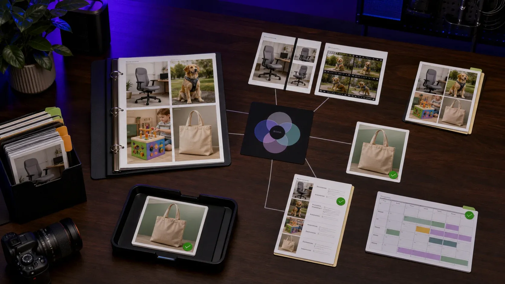 Product-aware ecommerce campaign workflow connecting Brand DNA, product catalog, product shots, creator videos, approvals, media library, and calendar.