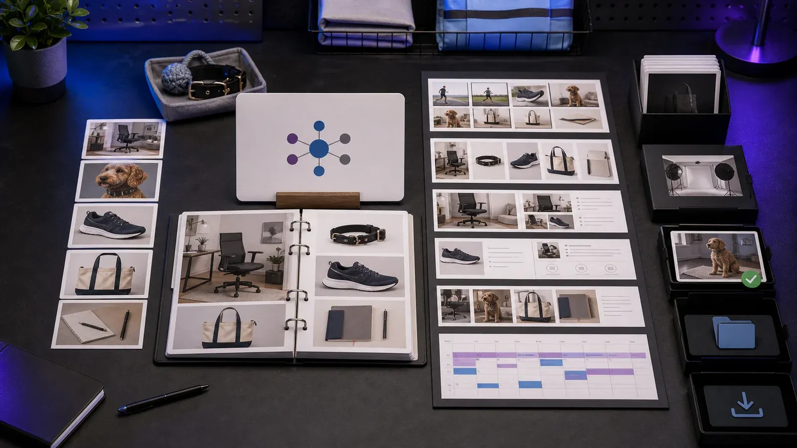 Product-aware ecommerce content workspace with approval, media library, and calendar.