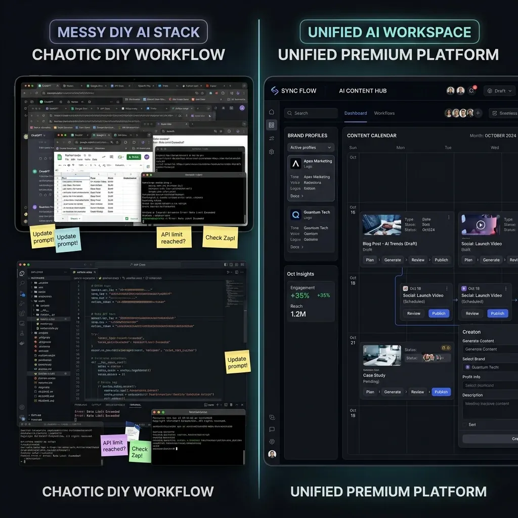 Comparison of a blank AI prompt text box vs a structured product data record with rich variables