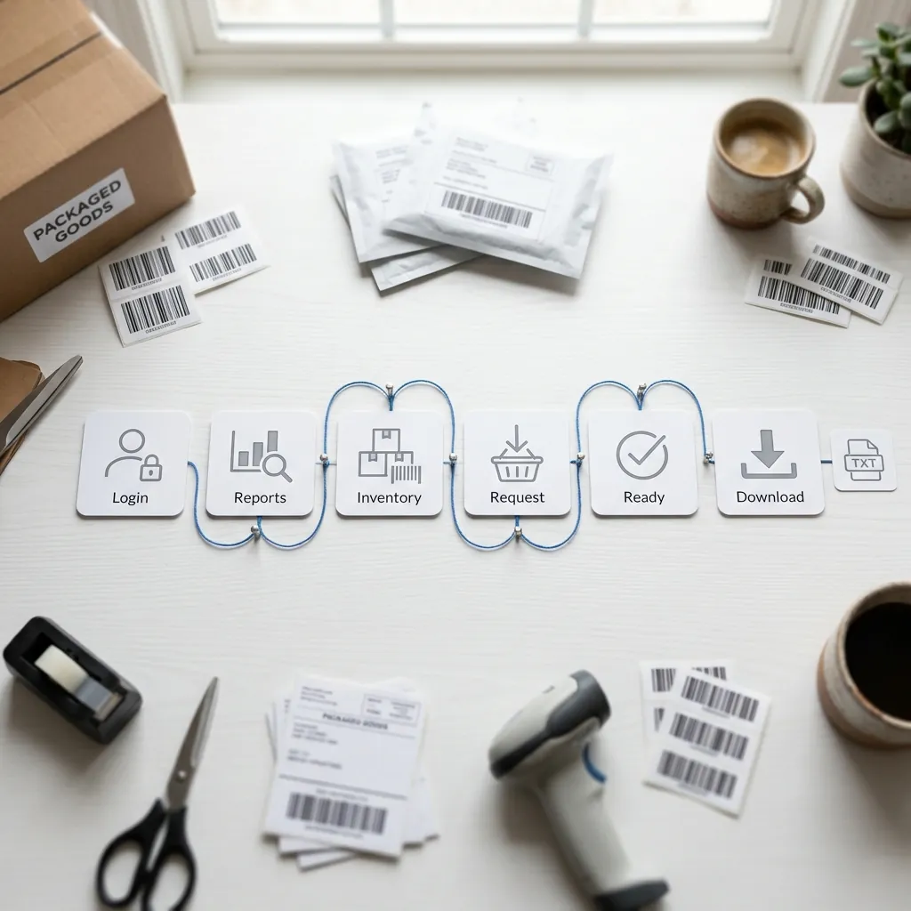 Step cards showing the path from Reports to Inventory Reports to TXT download.