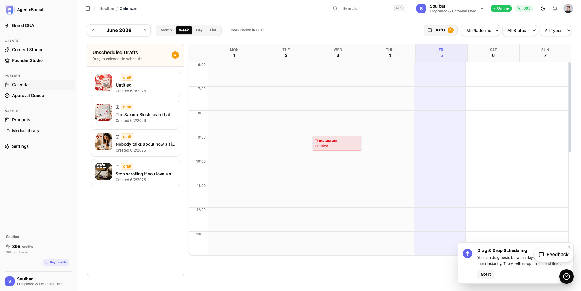 AgenixSocial calendar workflow