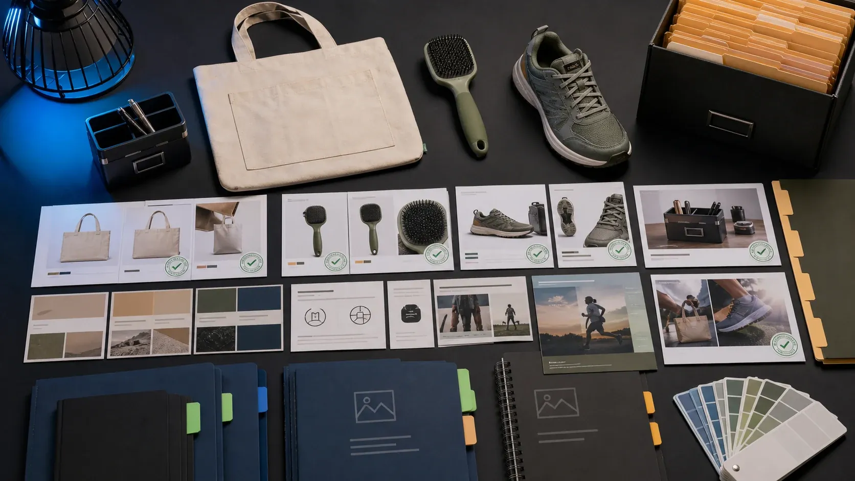 Ecommerce content review workflow with approved product visuals, brand cards, marketplace fit cards, and media library folders.
