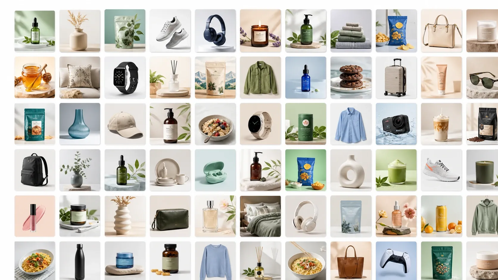 Catalog-scale AI product photography visual showing many ecommerce product listings refreshed with AI-generated image variations.